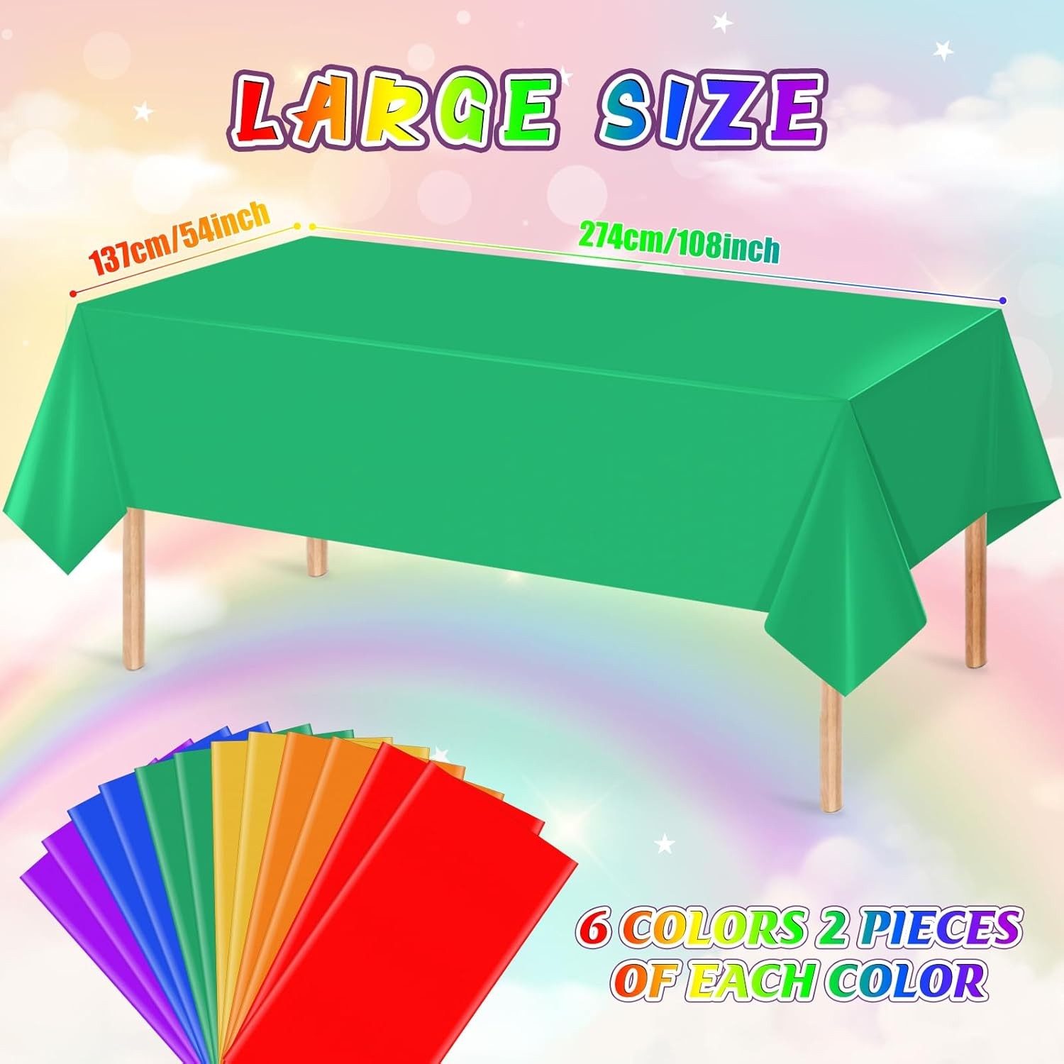 12 Pack 6 Color Rainbow Theme Tablecloth Assorted Color Plastic Tablecloth