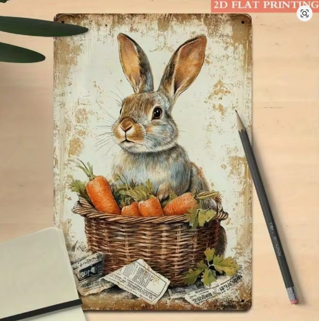 Country Wall Decor Farmhouse Vintage Rabbit Basket Bunny Metal Art Sign 8×12