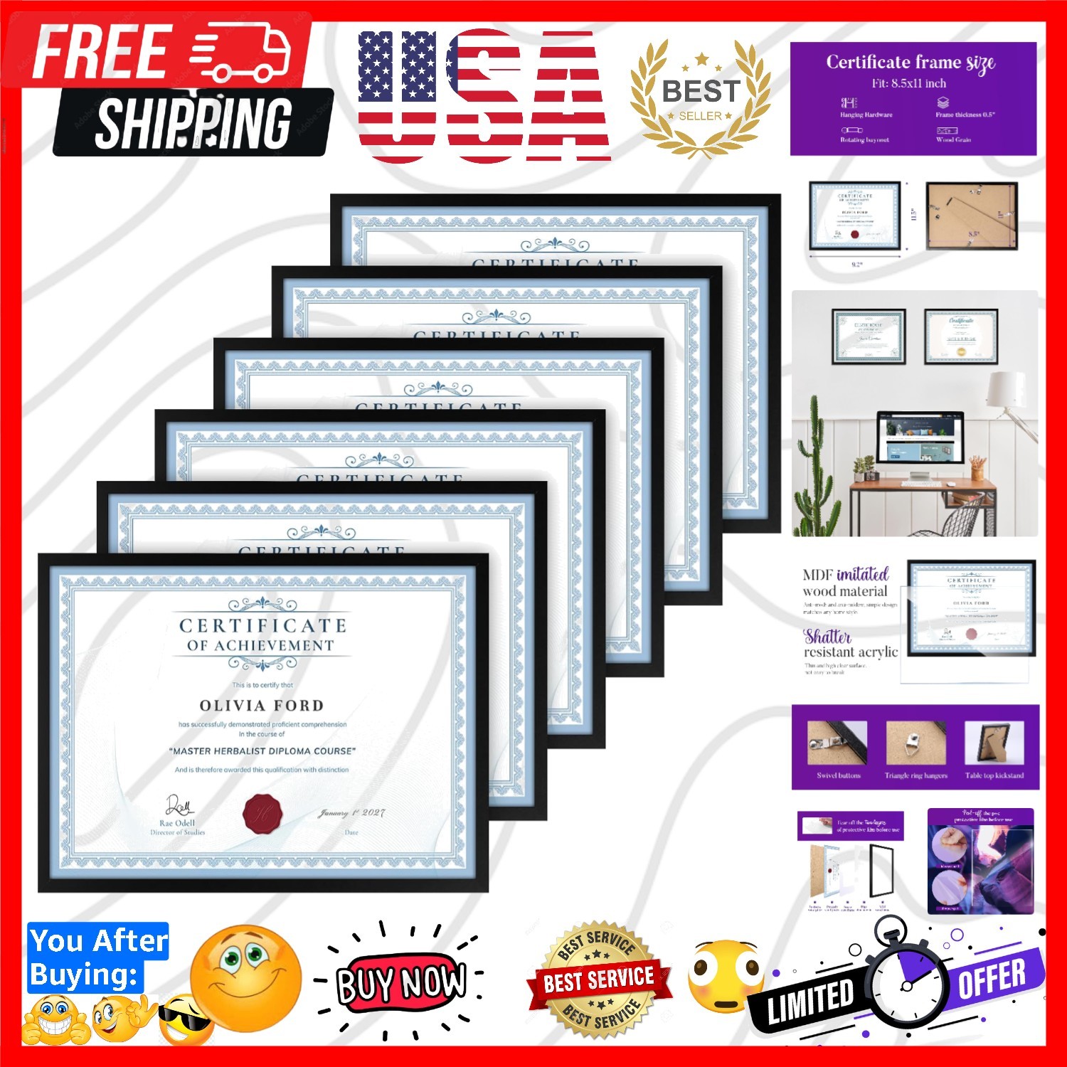 8.5 x 11 Picture Frame For Certificate, Diploma, Composite Wood Display photo…