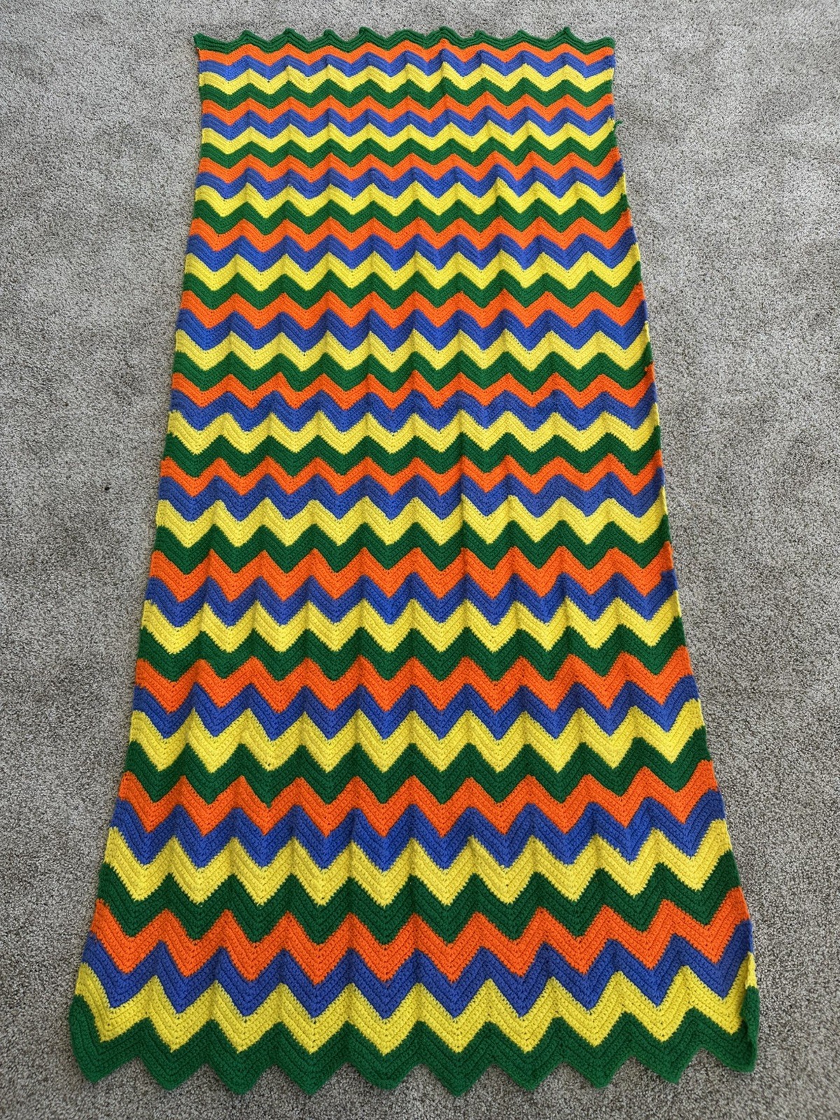 Vtg 70s Handmade ZigZag Chevron Crocheted Afghan 74×33”, Orange Blue Yellow Grn