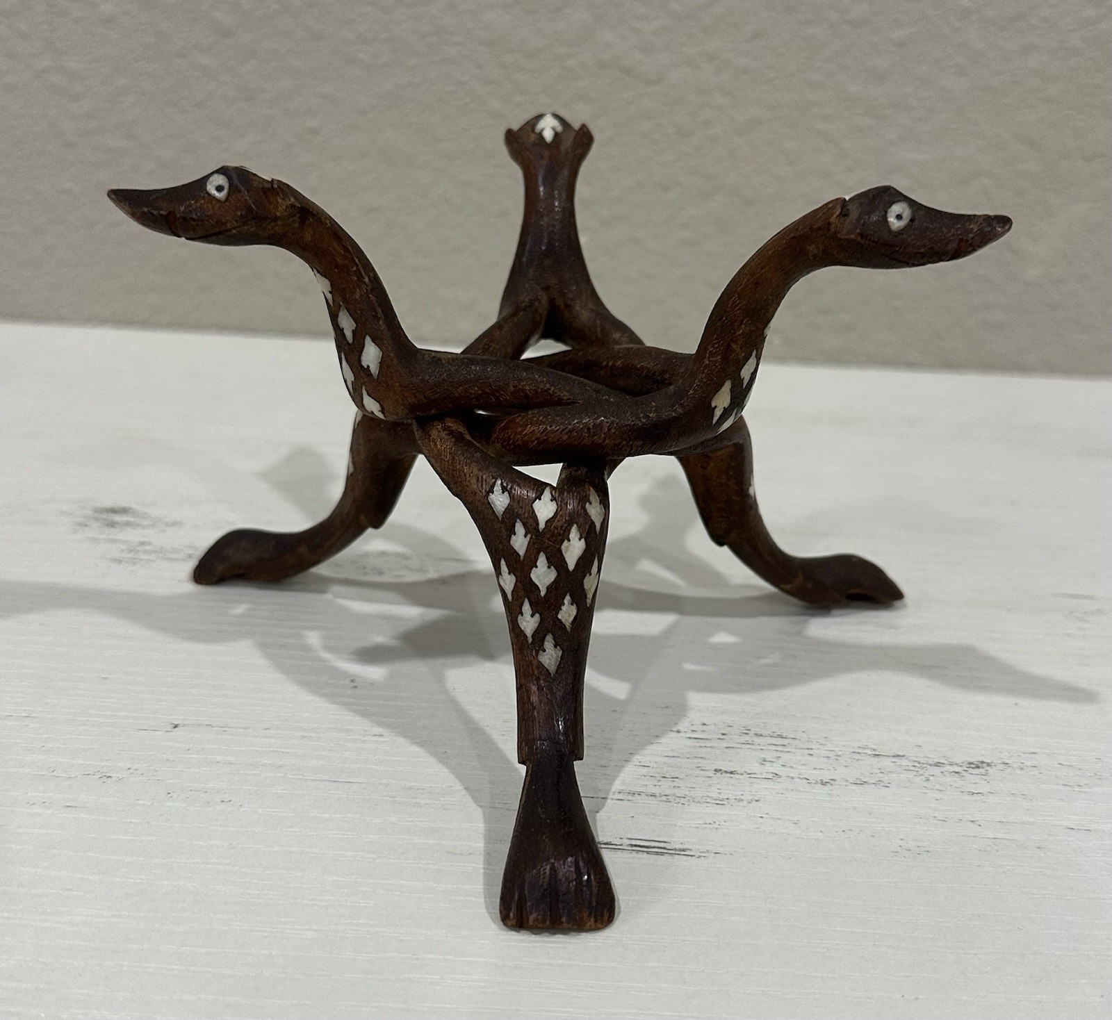 VTG Hand Carved Wood Tripod Holder Stand Mother Of Pearl Inlay See Description