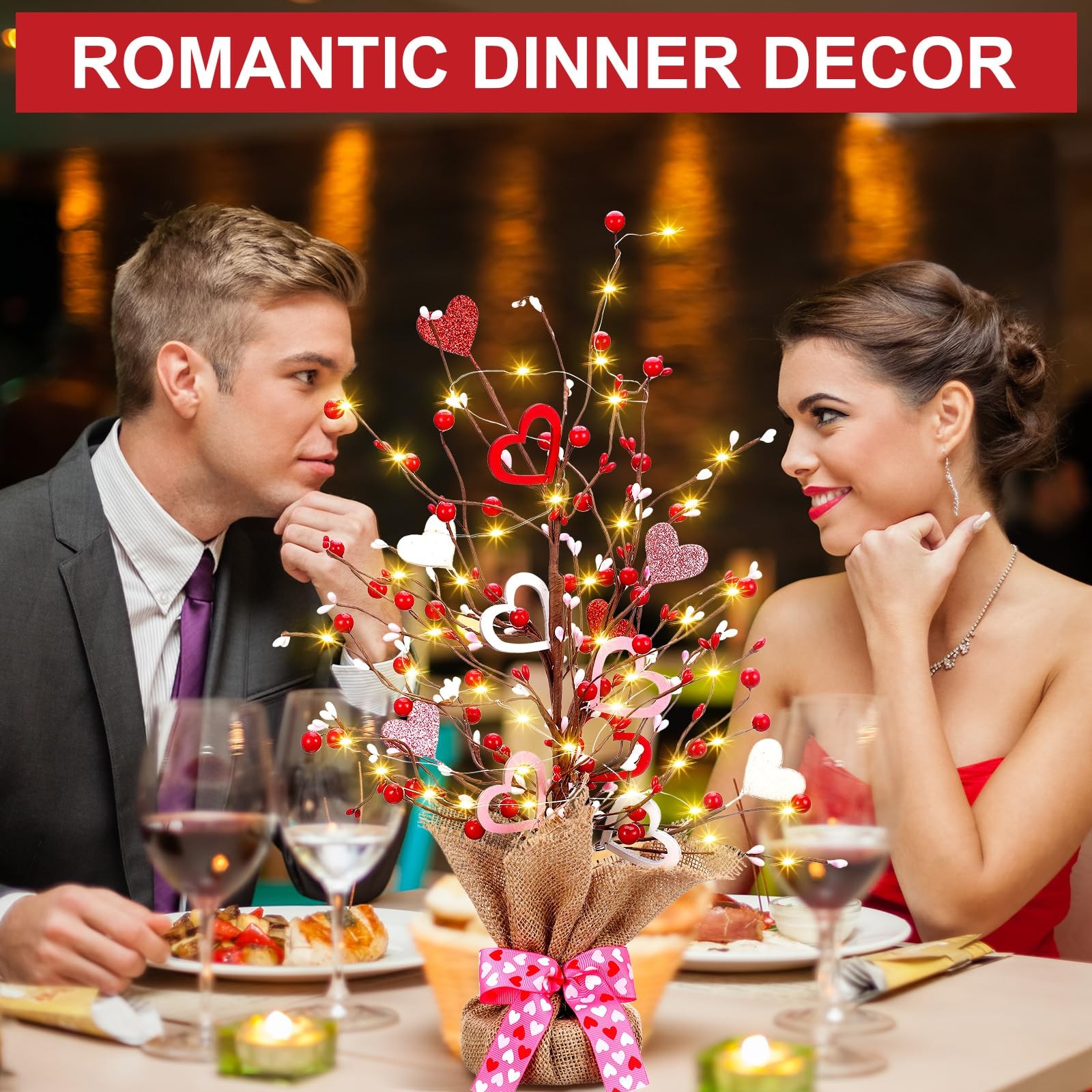 2 PCS 21in Valentine Lighted Artificial Berry Blossom Table Tree Heart