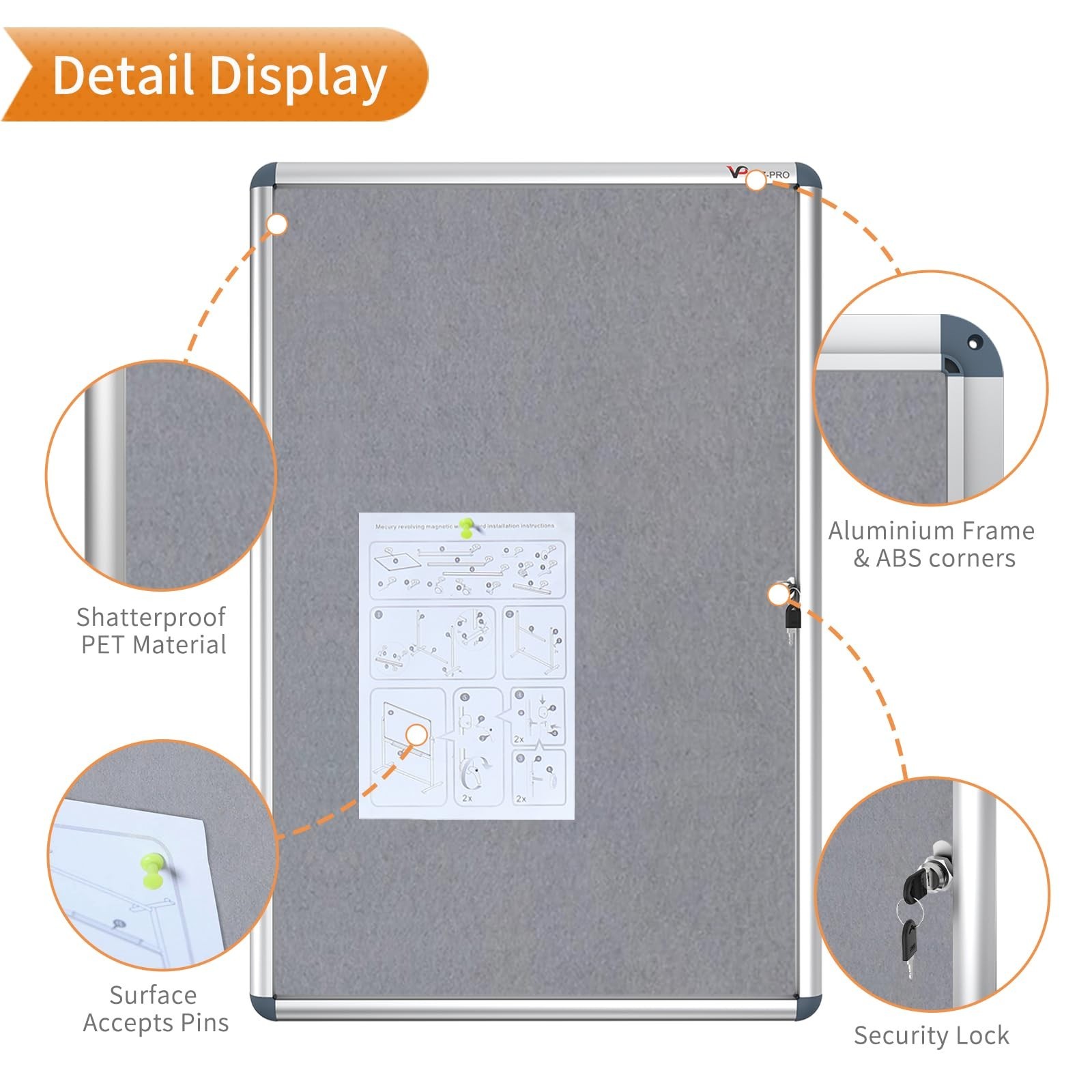 VIZ-PRO Tamperproof Lockable Gray Fabric Noticeboard Aluminium Framed 36×24 In
