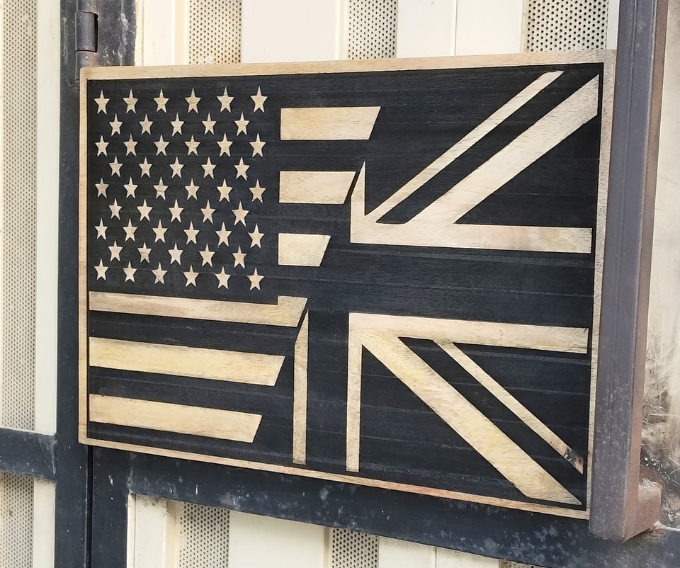 Wooden USA & UK Flag Wall Art Rustic American British Decor 18×12 Hanging