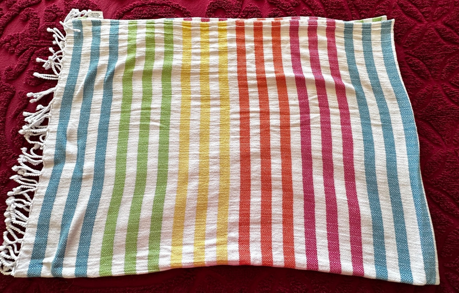 Rainbow THROW, blanket, 70 by 55 inches, 100% COTTON, fringe, stripes, bedspread