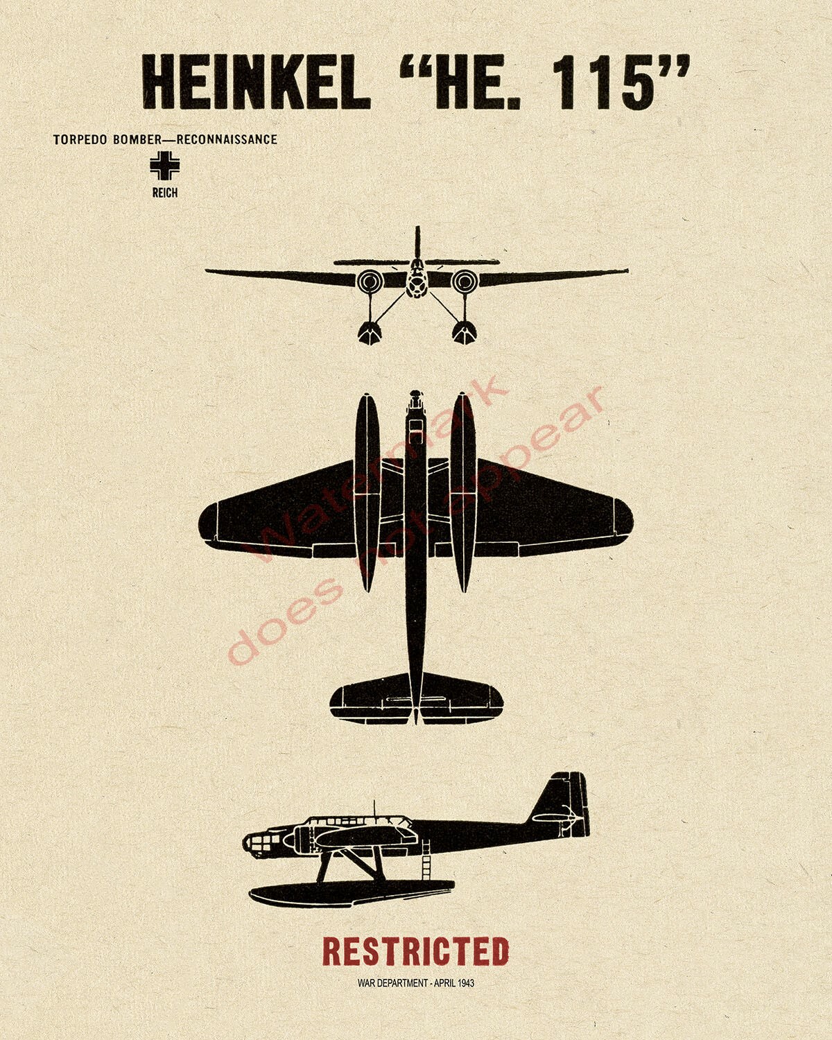 WWII German Heinkel He 115 Torpedo Bomber Aircraft Recognition Poster V-1