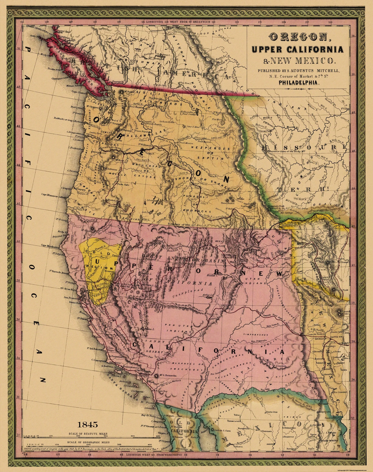 Historic State Map – Oregon Upper California – Mitchell 1845 – Vintage Wall Art