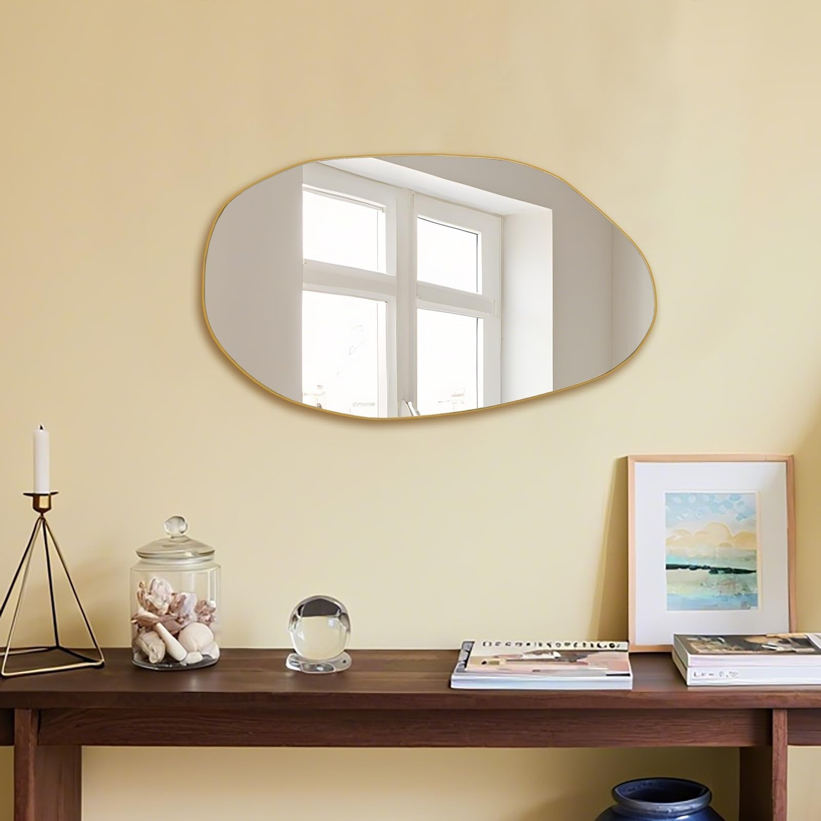 Asymmetrical Decorative Wall Mirror – Gold Wood Framed, 19.5&Prime; x 33.5&Prime;, Bathroom,