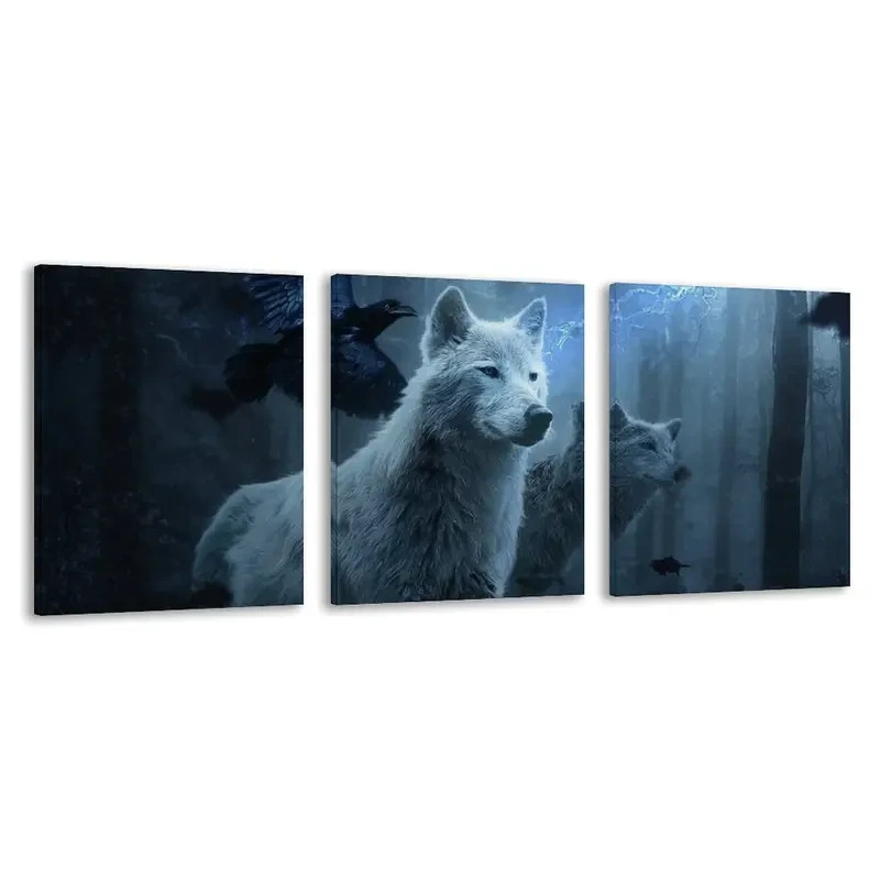 3pcs White Forest Scene with Howling Wolves Wall Art Canvas Unframed/Framed