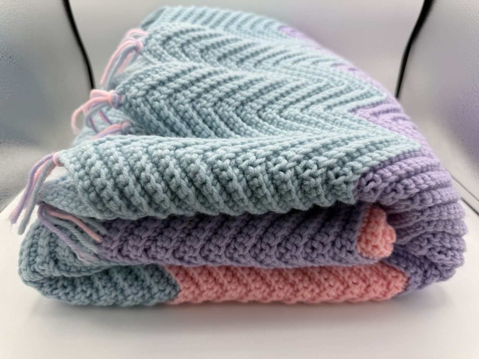 Hand-Crocheted Chevron Afghan – Blue, Pink & Purple Ripple Throw – 49” x 75