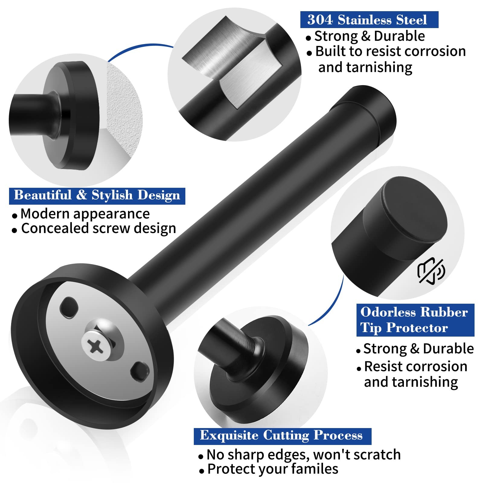 8 Inch Door Stop, Extra Long Stopper, Wall Mounted, Black 8 Inch,