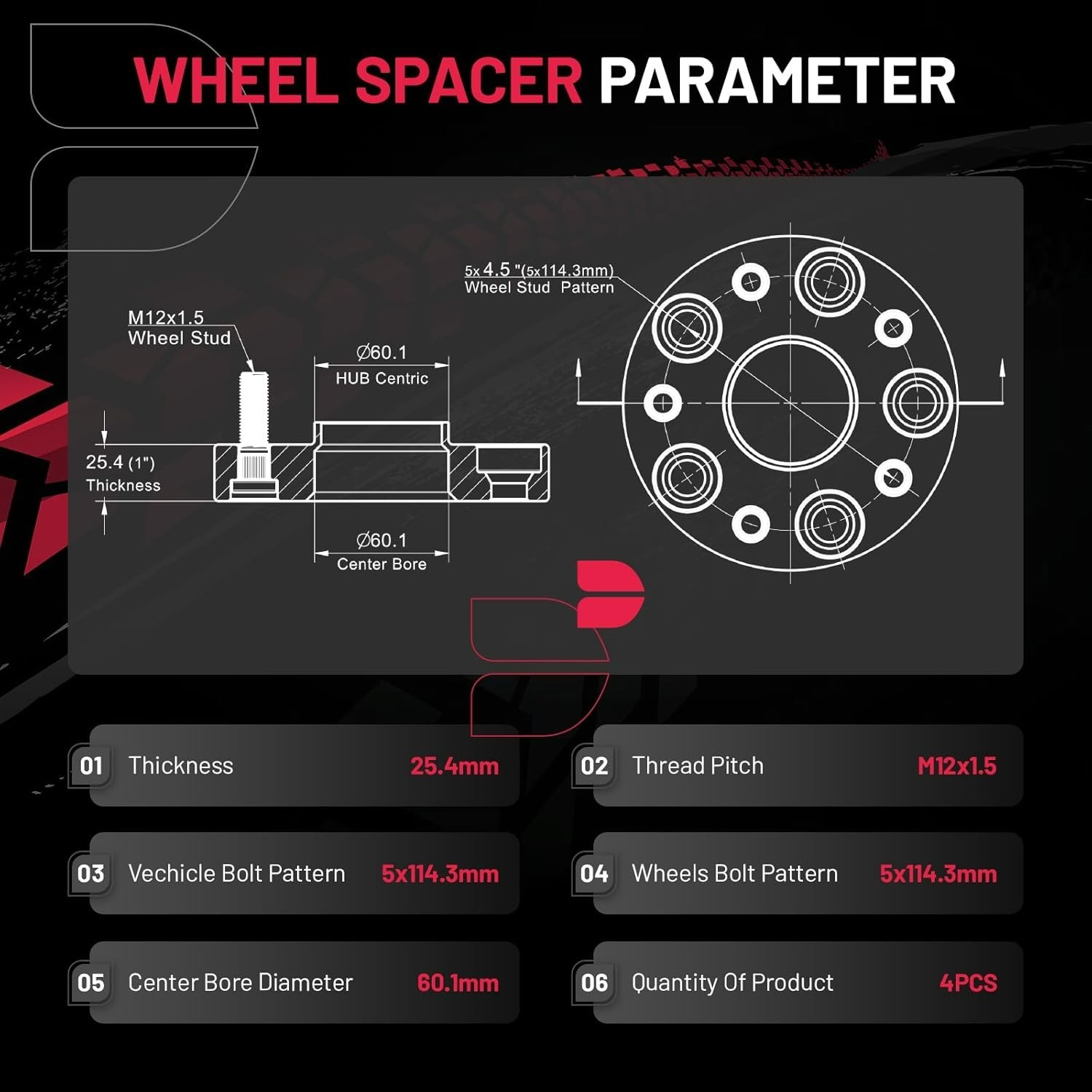 1 inch 5×4.5 Hub Centric Wheel Spacers, 5×114.3 mm Wheel Hub Adapter M12x1.5