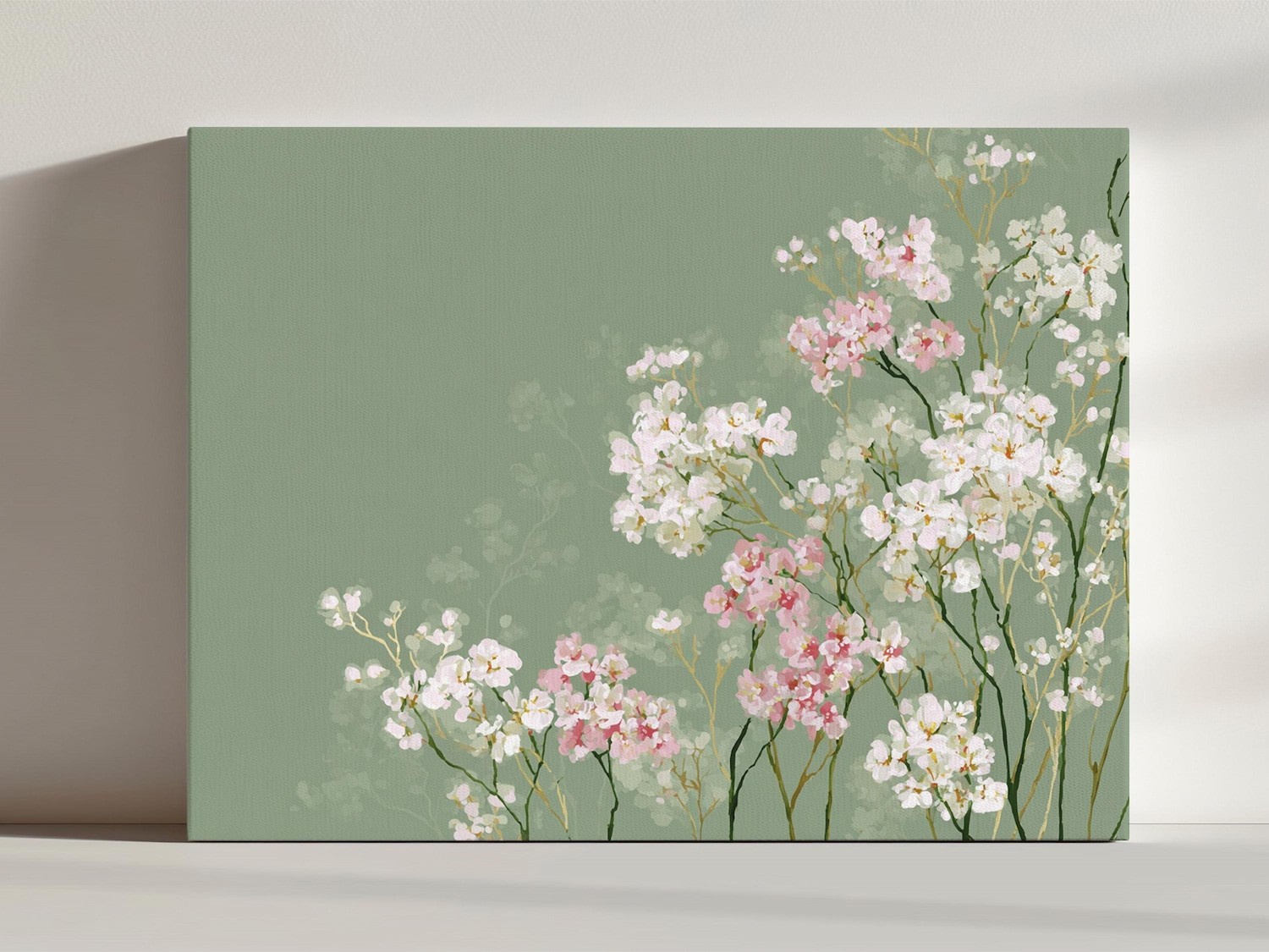 Pink and White Wildflowers Canvas Print, Soft Sage Green Floral Home Decor