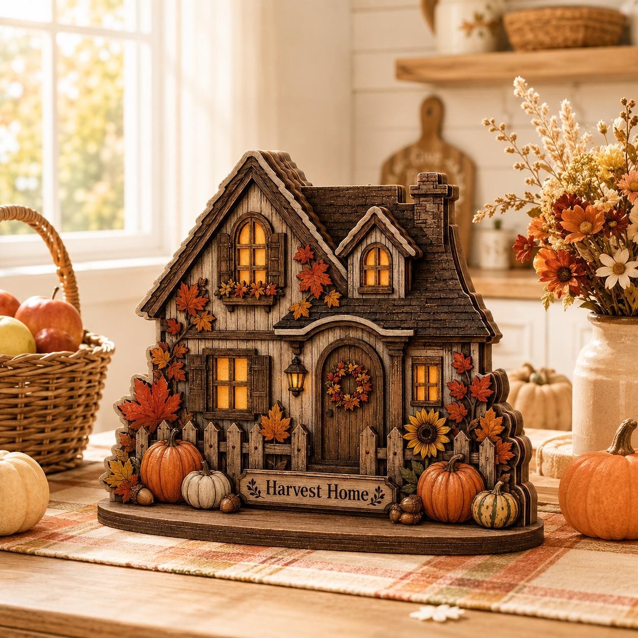 Personalized Autumn House Wooden Block Family Name Shelf Sitter