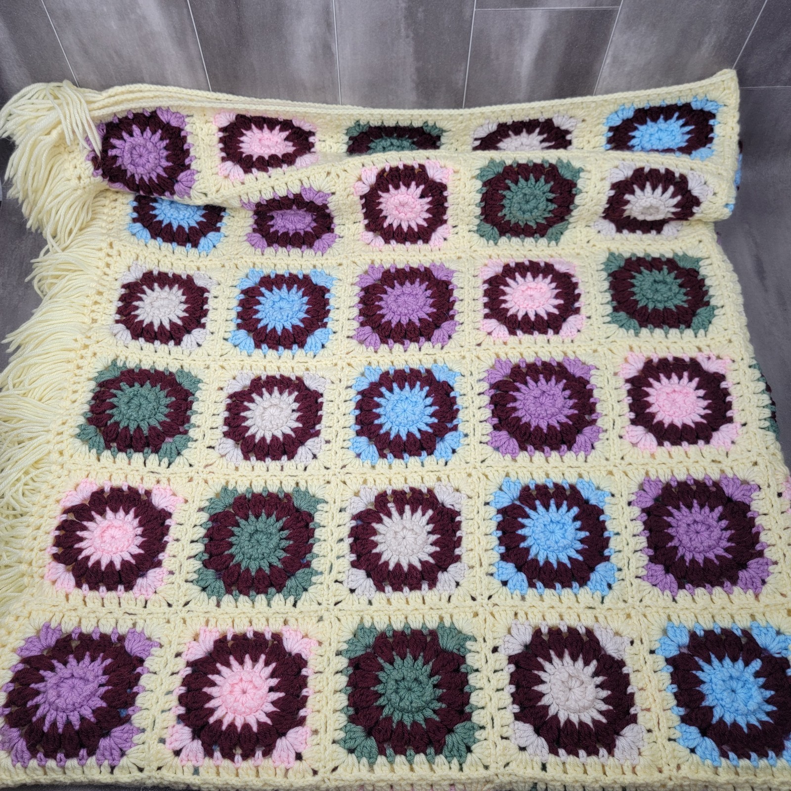 Vintage Granny Square Crochet Afghan Cottage Core 64&Prime; x 74&Prime; Yellow Easter Color