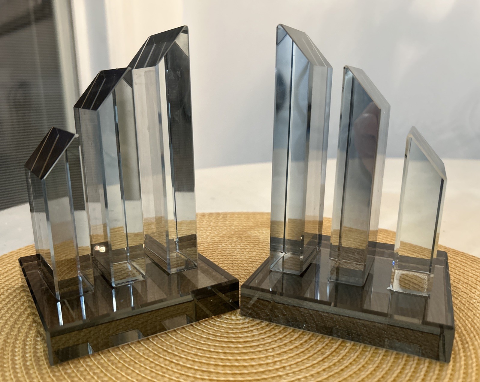 Geometric Smokey Clear Crystal Bookends (2) Pillars 6”Hx4”Lx4”W