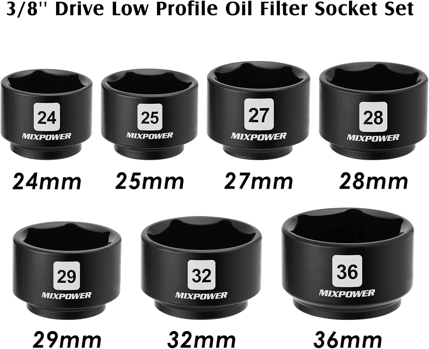 7 Pieces 3/8&Prime; Drive Low Profile Oil Filter Socket Set, 24mm, 25mm, 27mm, 28mm, 2