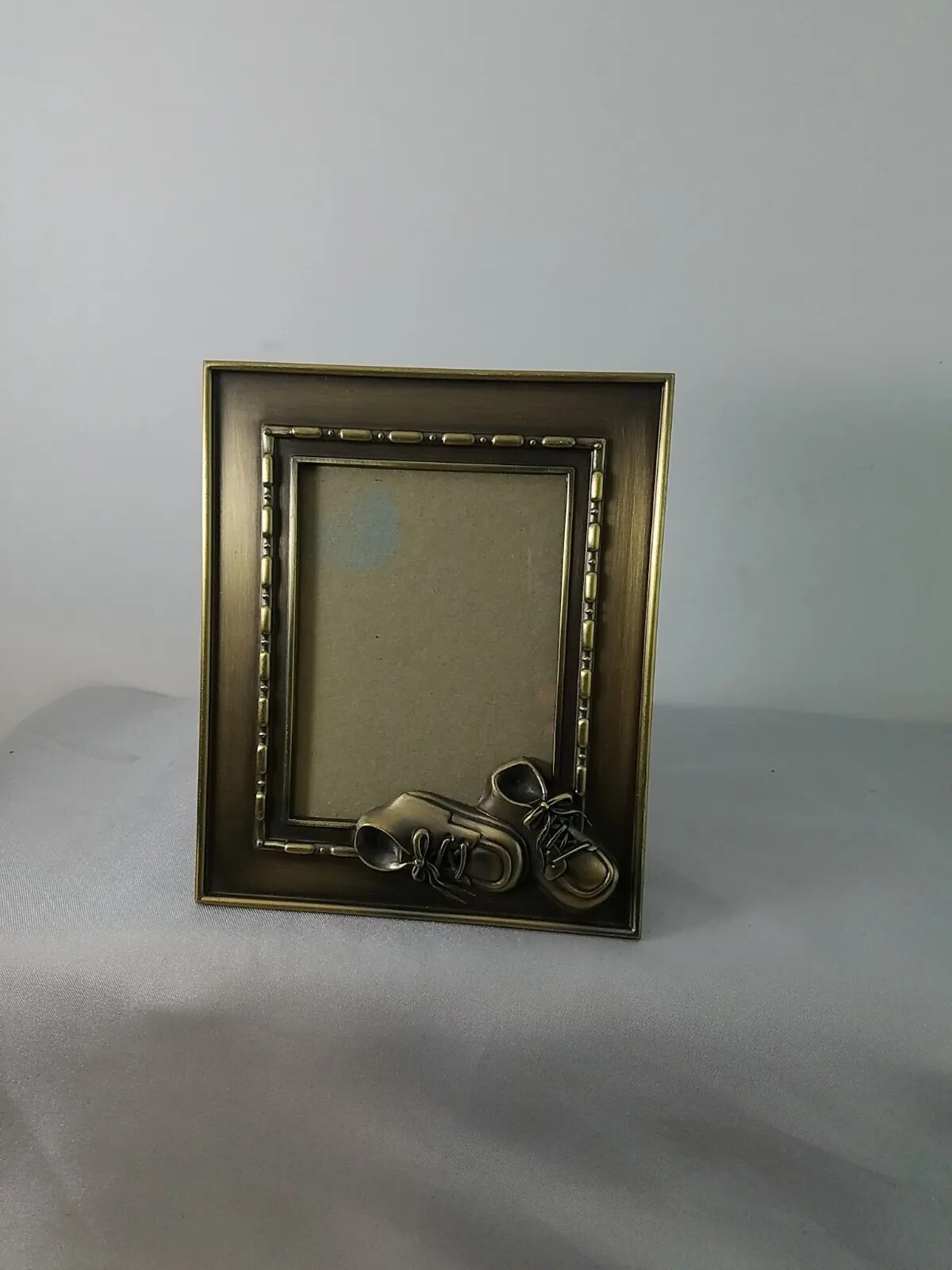 Small Vintage Baby Picture Frame Brushed Brass Tone Metal 3D Baby Booties Shoes
