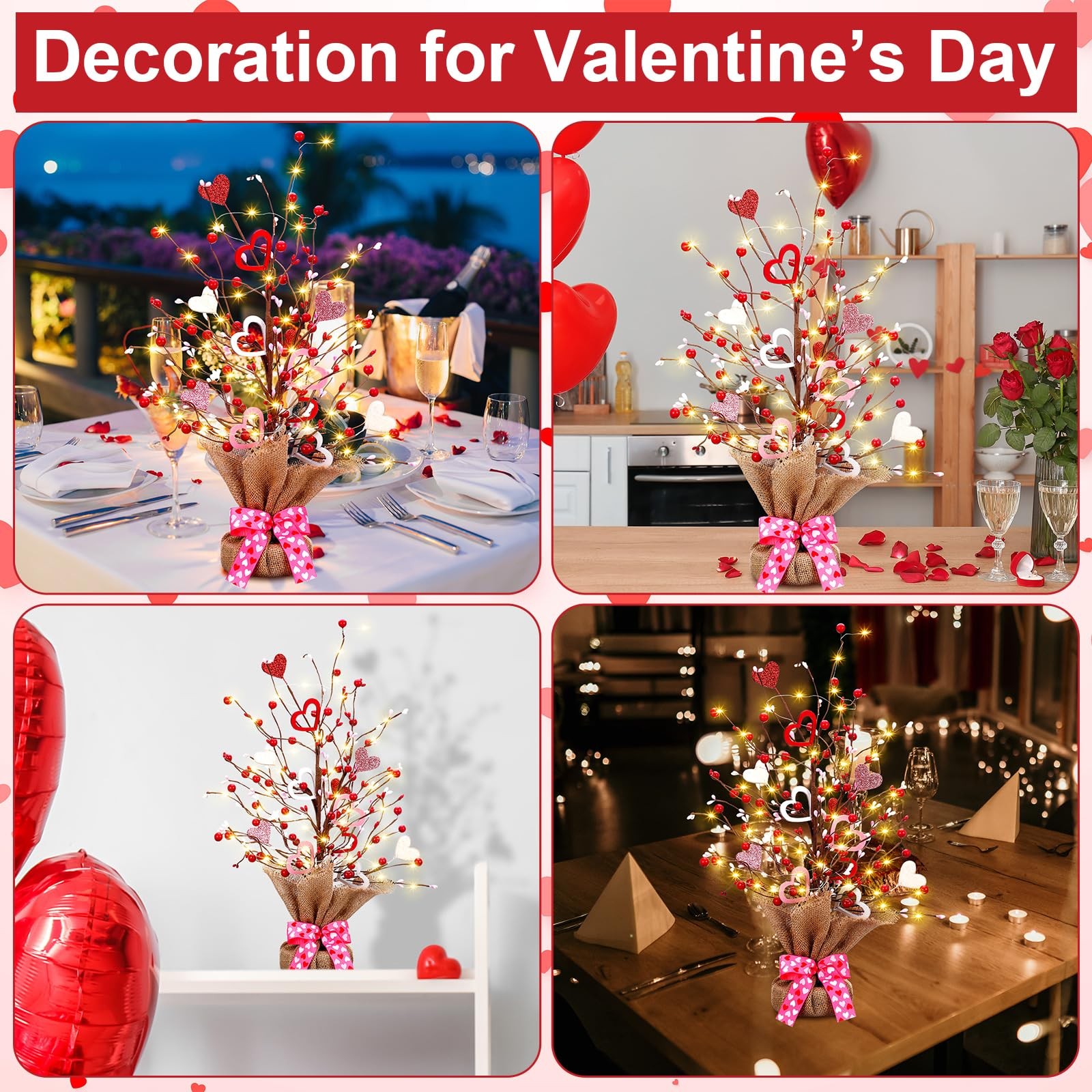 2 PCS 21in Valentine Lighted Artificial Berry Blossom Table Tree Heart
