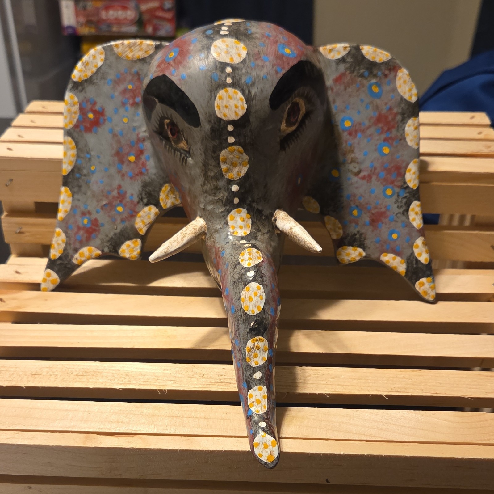 Hand-Painted Papier Mache Elephant Wall Mask, Gray/Multicolor Animal Decor
