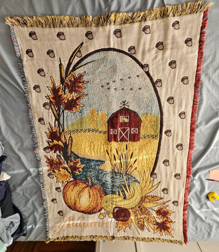 Vtg Autumn Country Barn Tapestry Throw Blanket Pumpkin Pond Farm Fringed 42&Prime;x66&Prime;