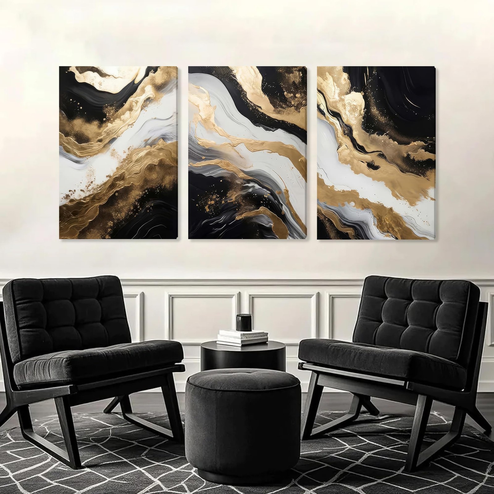 Triptych Black White Gold Wrapped Canvas Wall Art 20×30 inches x3
