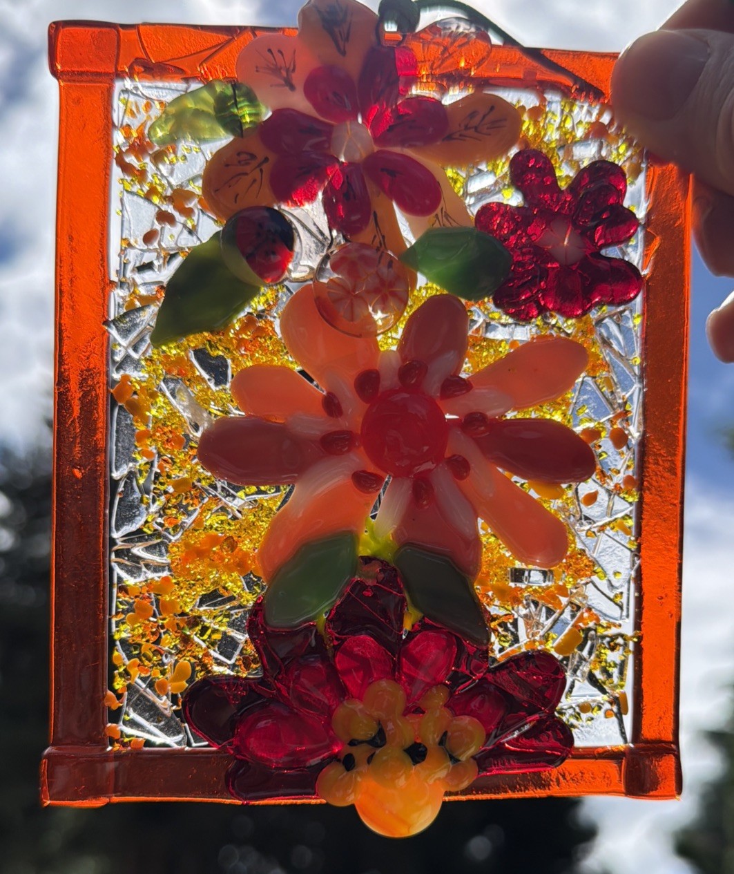 Fused Glass Handmade Flowered Rectangular Multicolor Sun Catcher Signed