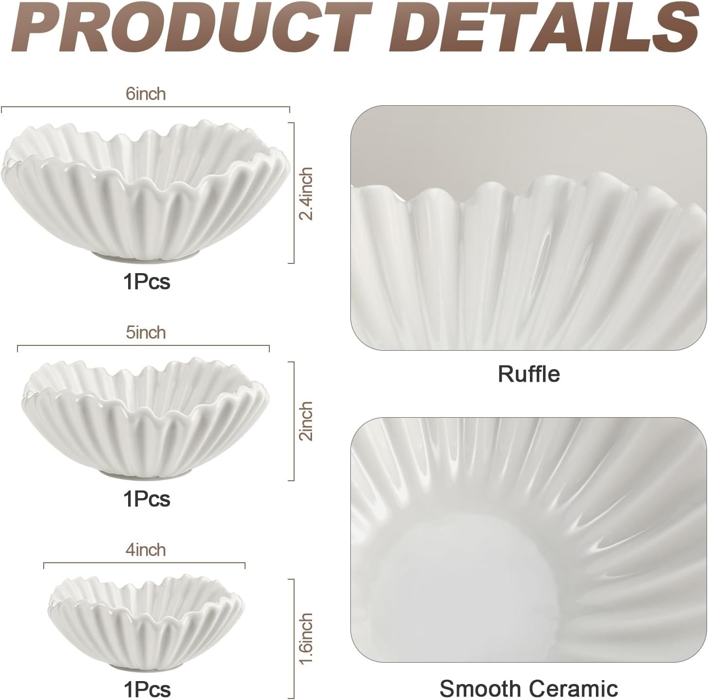Stylish 3-Pc Ceramic Ruffle Bowl Set – Decorative Centerpiece for Any Occasion