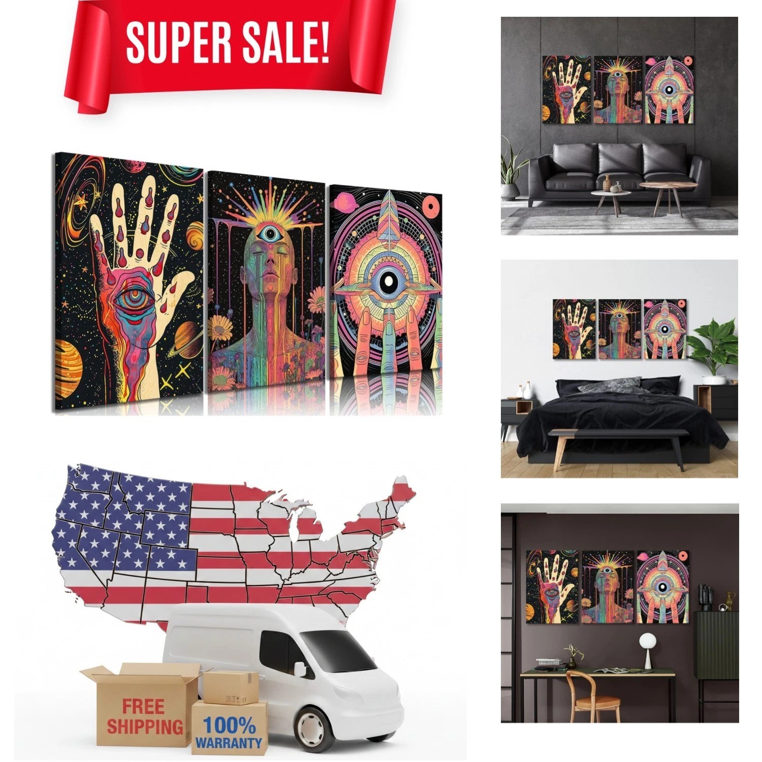 Vibrant 3pcs Psychedelic Eye Canvas Wall Art – Ready to Hang for Stylish Decor