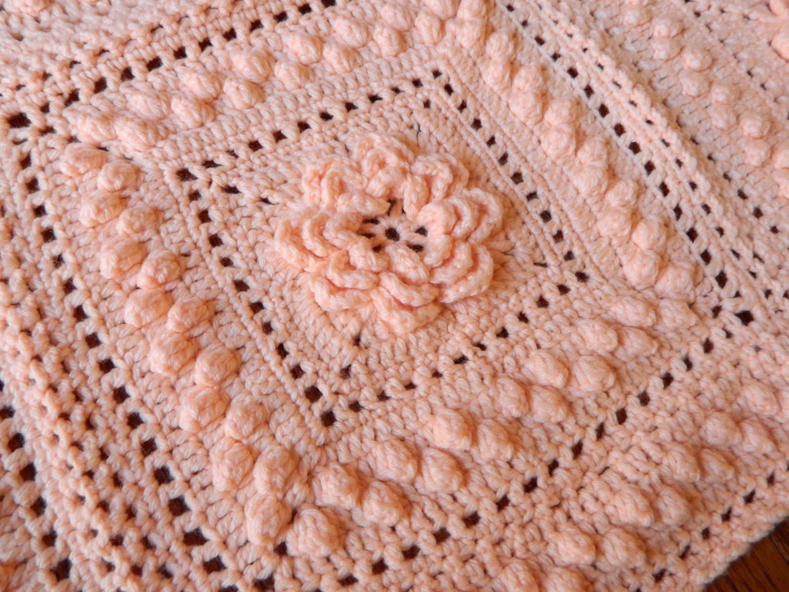 Handmade Crochet Afghan Throw 52&Prime; x 38&Prime; 3D Flower & Popcorn Stitch Peach