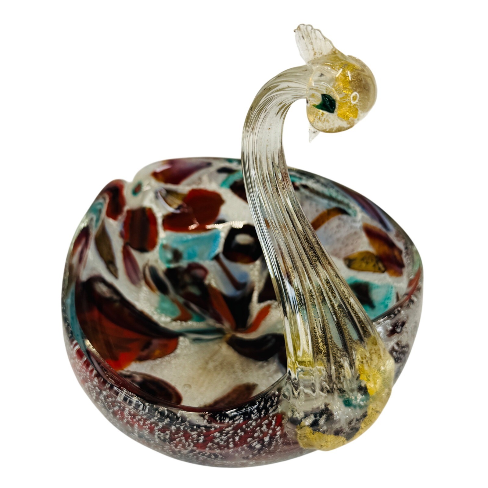 Murano Style Art Glass Swan Heart Bowl Gold Aventurine Confetti Vtg Dish Luxury