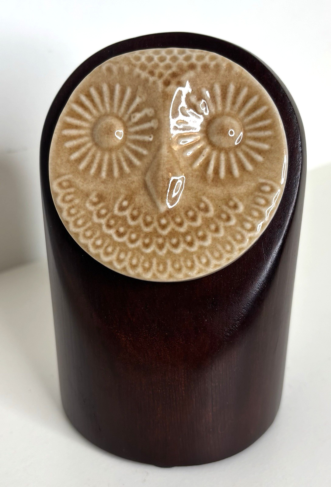 IKEA Owl Figure Danish Modern Gold Pottery Face Dark Brown Wood Body Sweden
