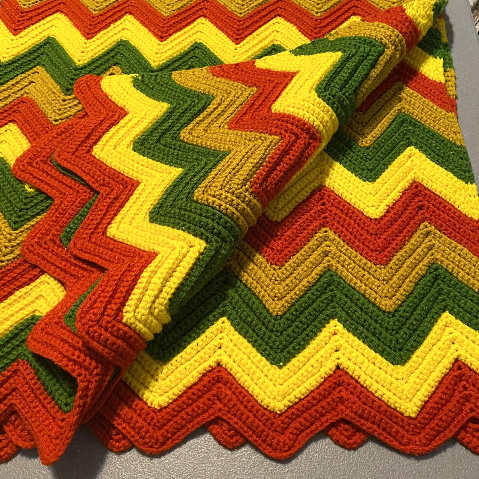 Vtg Chevron Afghan Crochet Throw Blanket 64×50&Prime; Green Orange Brown Yellow Zigzag