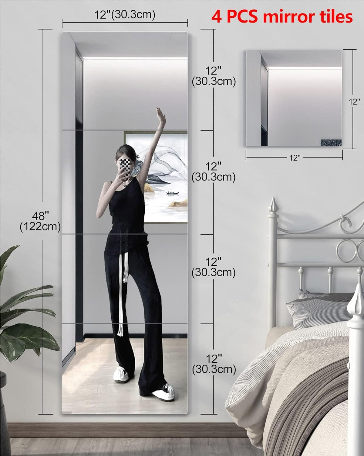 Full-Length Shatterproof Wall Mirror Set, 12×12 Inch, 4 Pcs, Safe for Kids