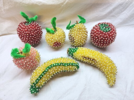 Bundle Of 7 Push Pin Sequined Beaded Faux Fruit Decorations MCM Vintage