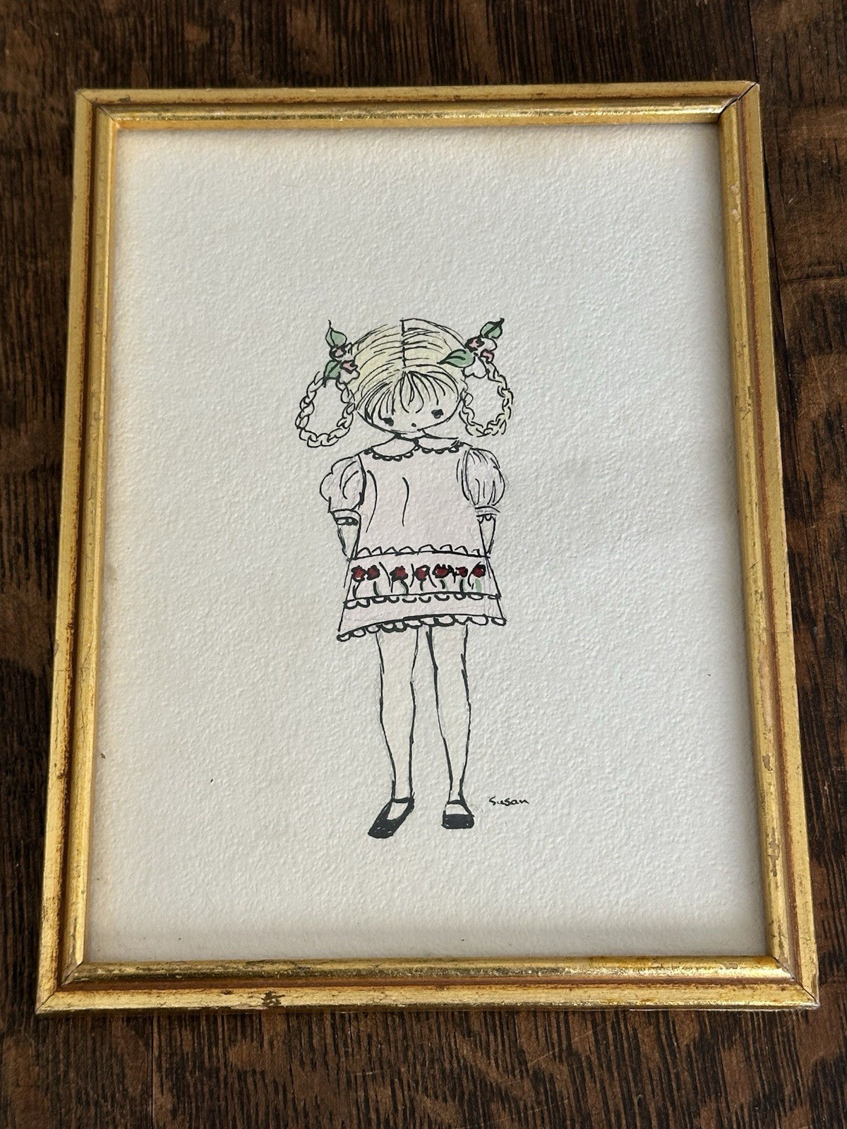 Vintage pen & ink Gold Framed Art – Girl In Dress. Gold Frame. 6x8in Signed