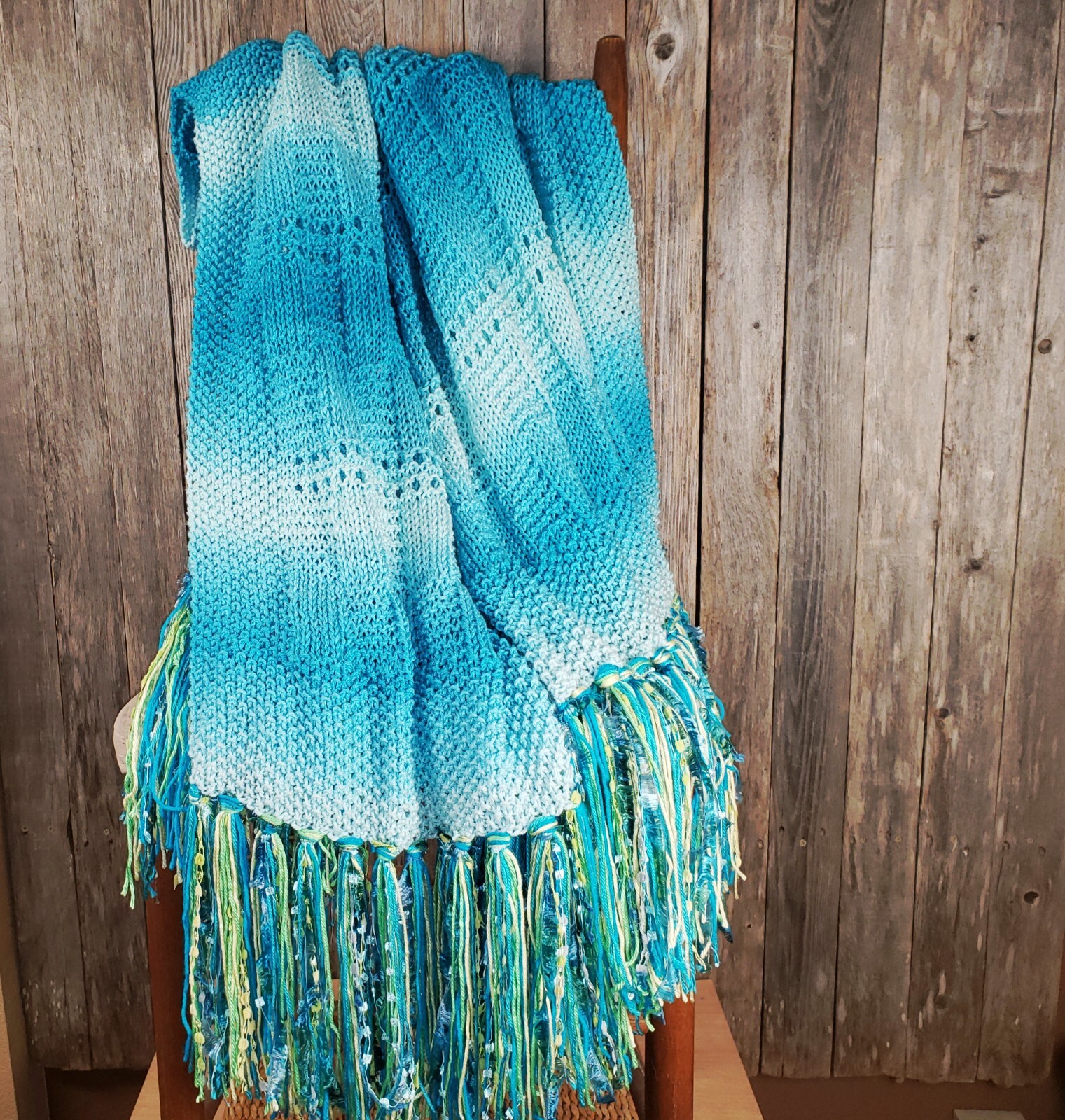 NEW Turquoise Blue Ombre Handmade Knitted Afghan Throw Knit Gift Decor Whimsy