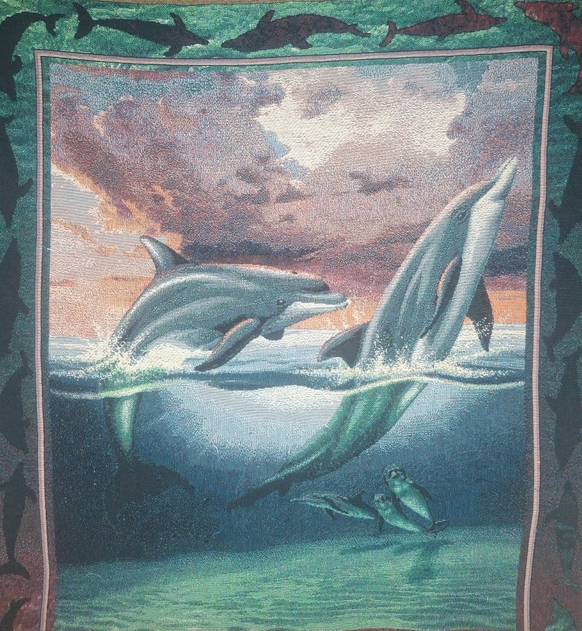 VTG Dolphin Tapestry Throw Blanket 80’s 90’s Fringed 48 x 55 Afghan Ocean Marine