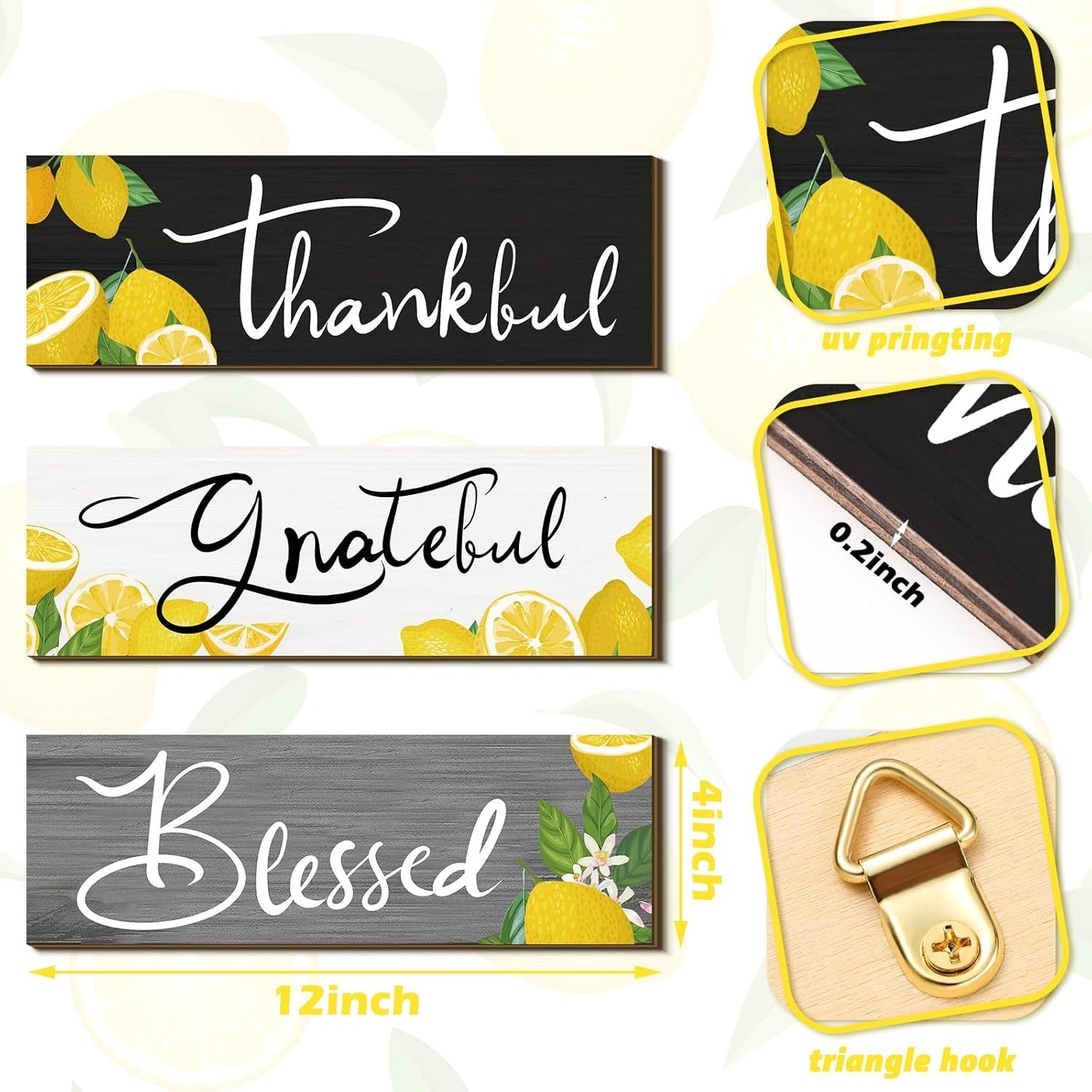 Versatile Decorative Wooden Lemon Signs – Thankful Grateful Blessed 3 Pcs Set