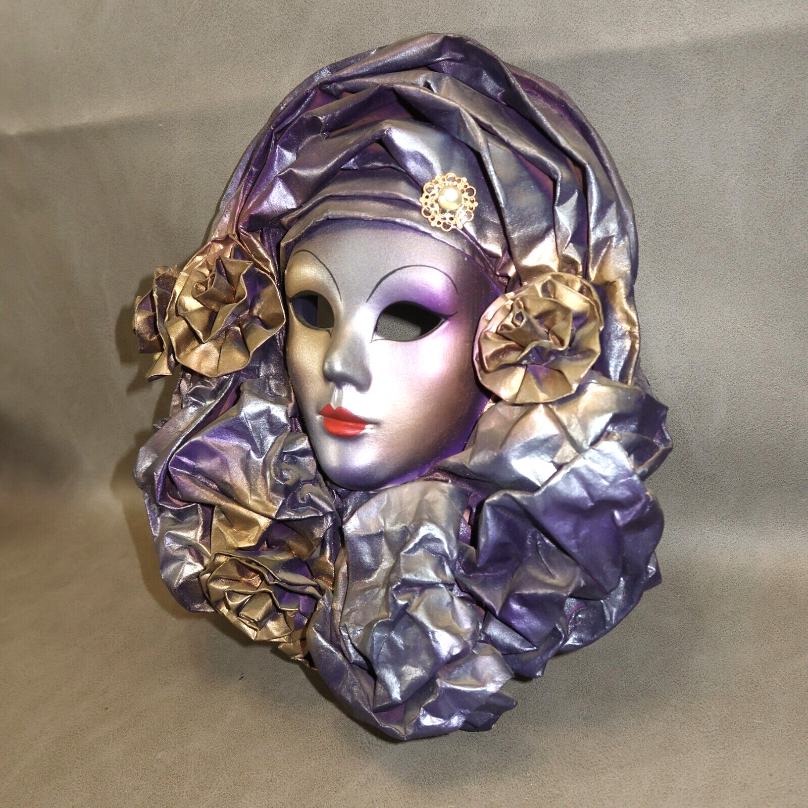 10&Prime; Italian Garanzia Mirho Ceramic Wall Mask Paper Mache 3D Purple Gold Italy