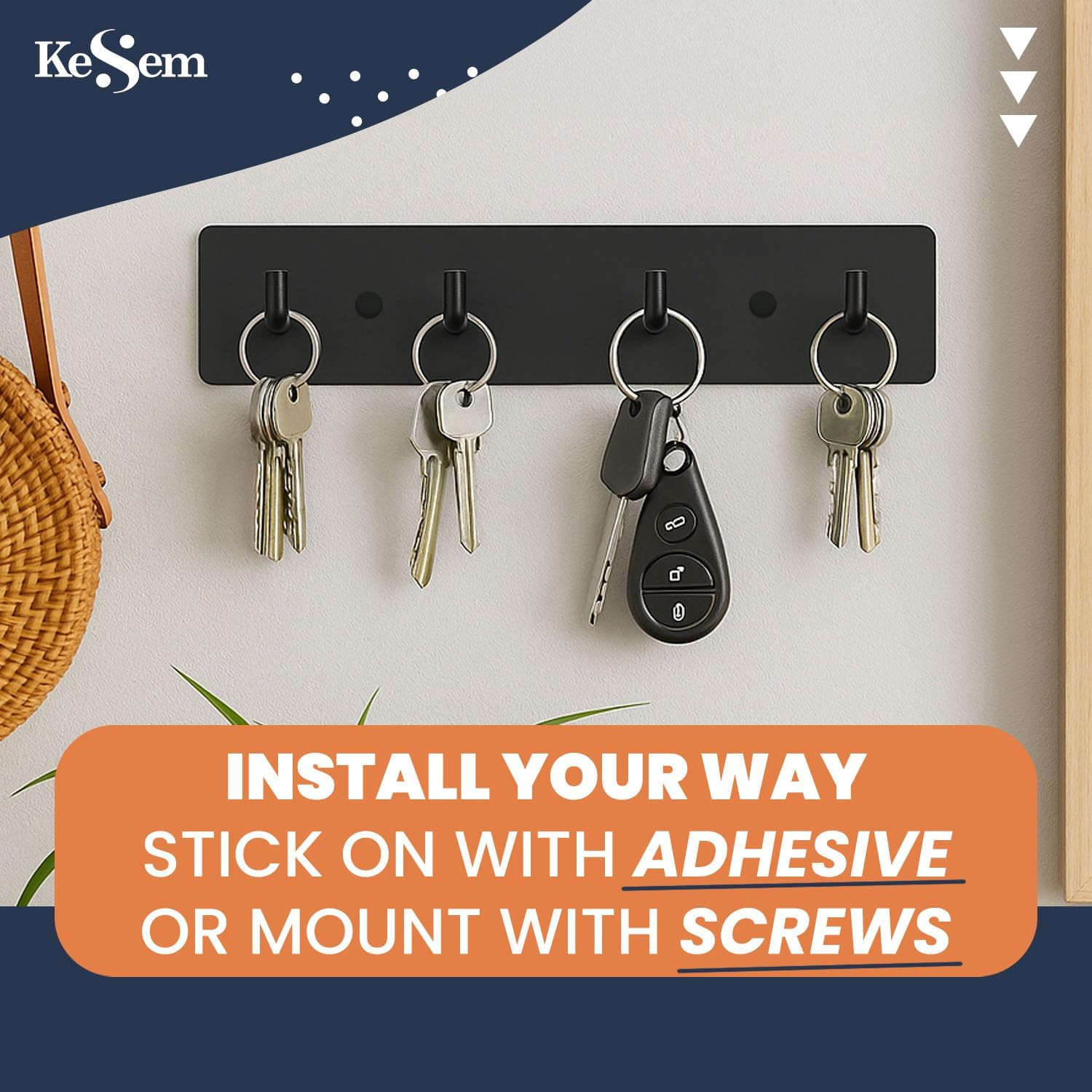 Key Holder Wall Mount, Key Rack with 4 Hooks for Wall/Door Mounted Metal Keys Ra