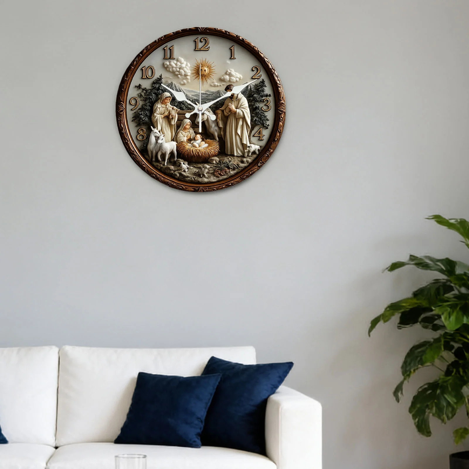 Nativity Scene Wall Clock Wooden Silent Clock No Battery Holiday Home Decors