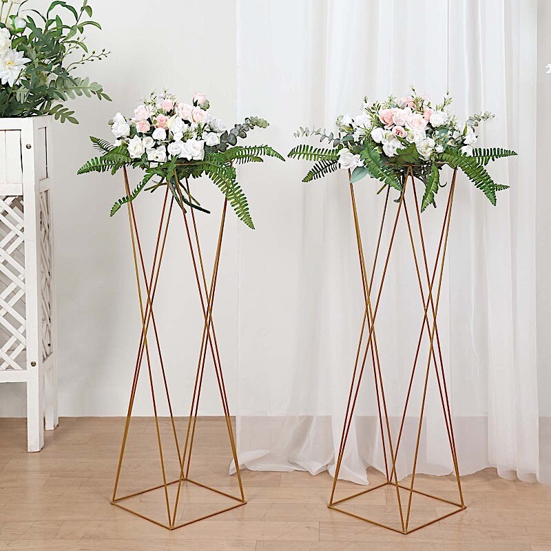 2 Gold 32 in Crisscross Geometric Metal FLOWER STANDS Centerpieces Party Events