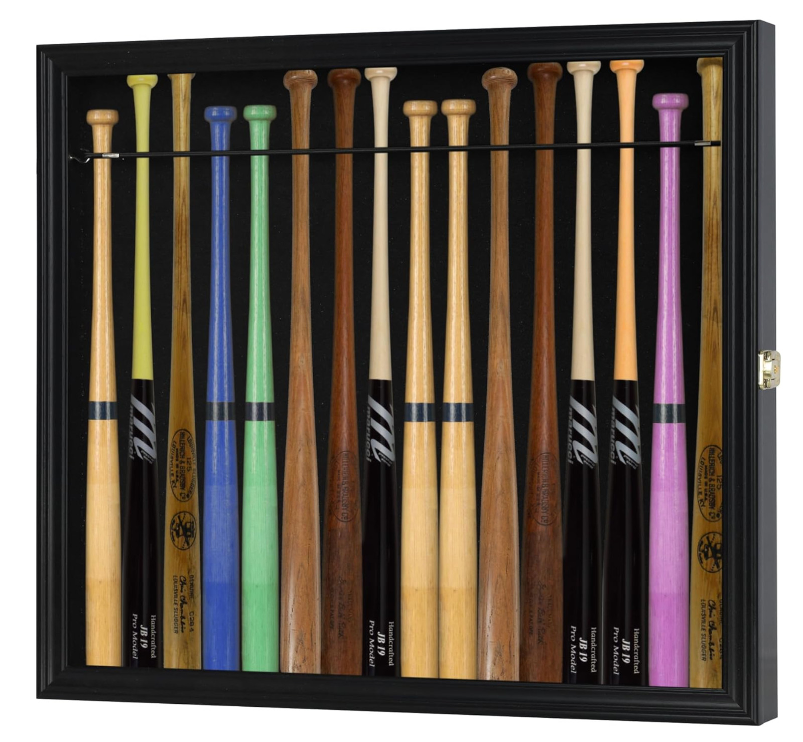 Mini Baseball Bat Display Case 18&Prime; Black Wall Mount MLB Rack Solid Wood Cabinet