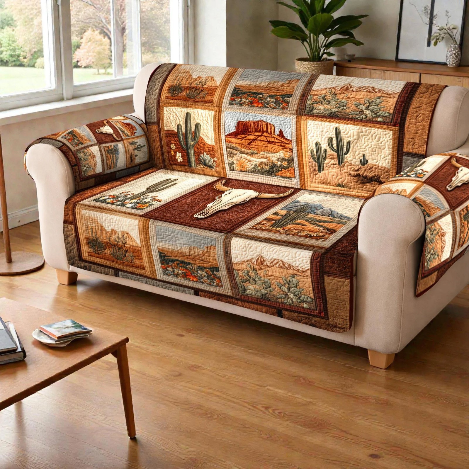 Southwestern Desert Quilt Sofa Cover Cactus Skull Western Farmhouse Decor
