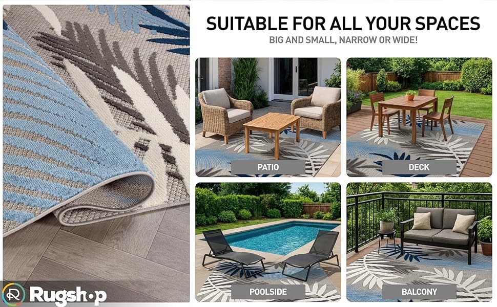 Indoor/Outdoor Palm Leaf Area Rug, Non-Shedding Easy-Care Design for Backyard,