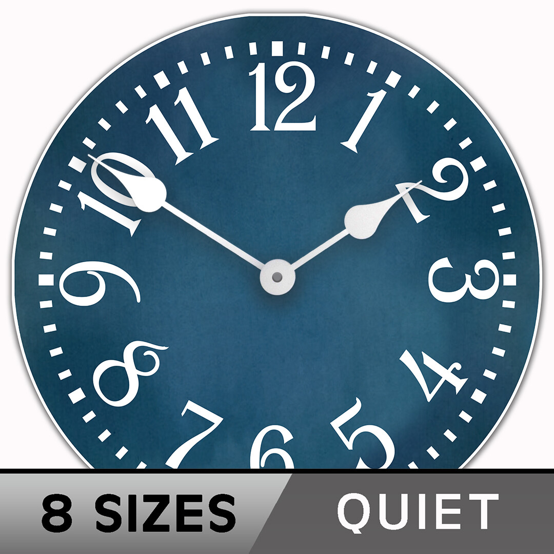 Colonial Blue Clock, large wall clock, Ultra Quiet, 8 sizes, Lifetime Warranty