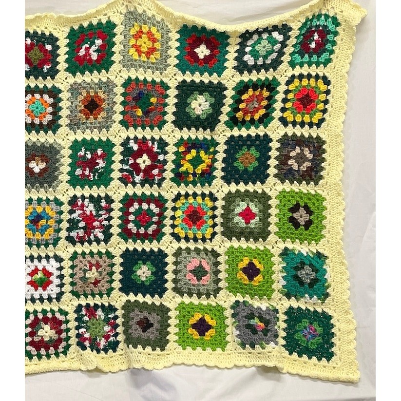 Handmade Granny Square Crochet Blanket Throw Yellow Trim Colorful Boho 72&Prime; x 43&Prime;