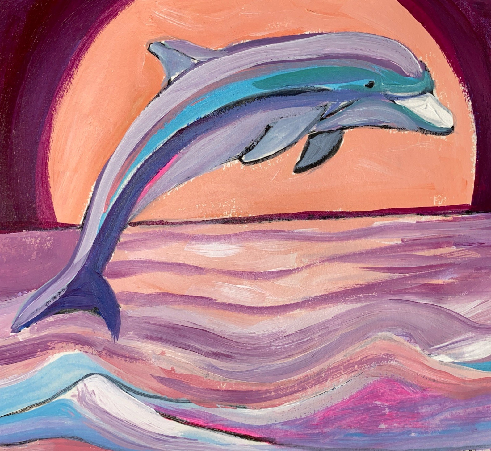 Dolphin Moonrise, 8×11”, Mixed Media On 130 Lb Paper, Signed By Artist, COA.