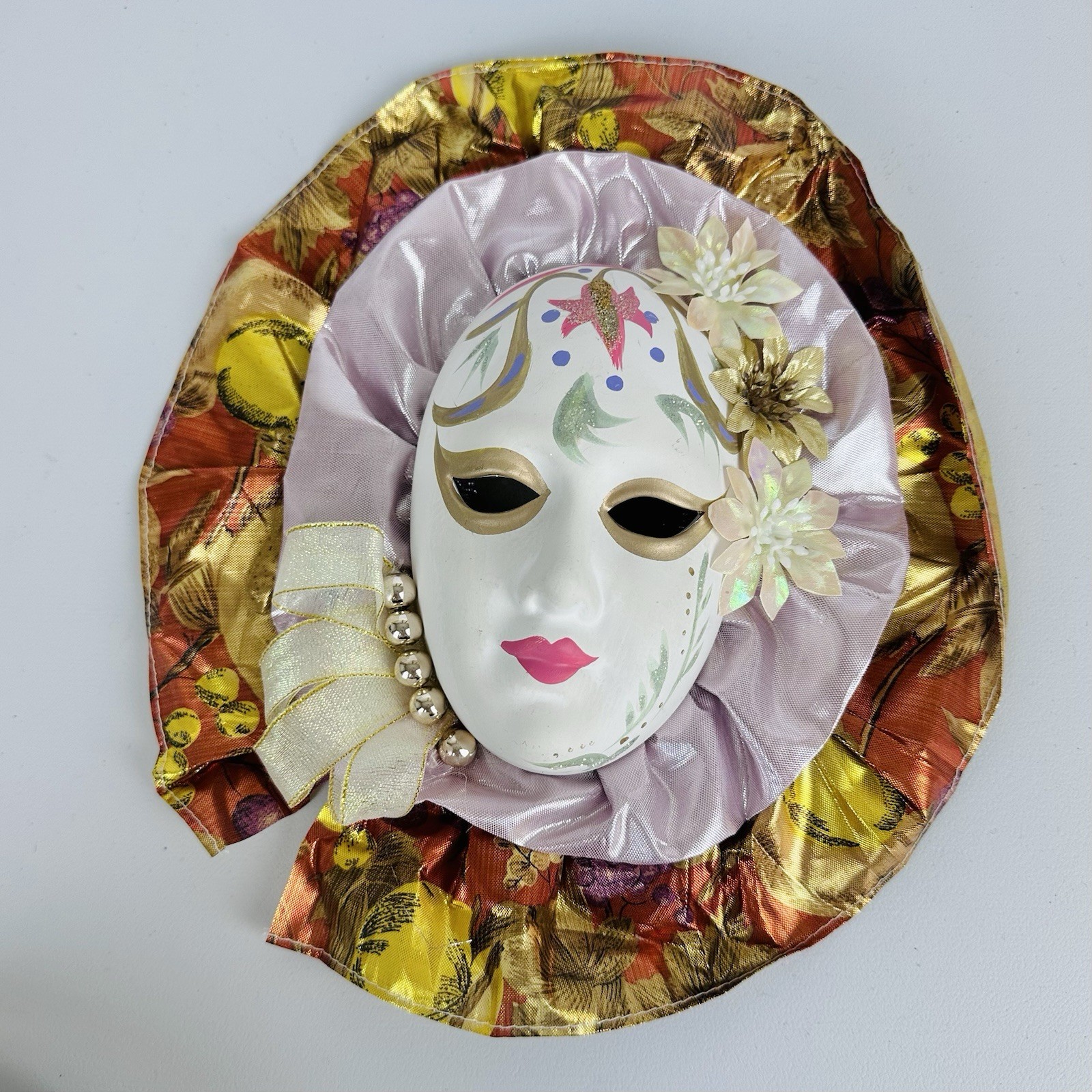 Set Of TWO Mardi Gras Head Jester Face Mask Wall Hanging Decor 8” Vintage